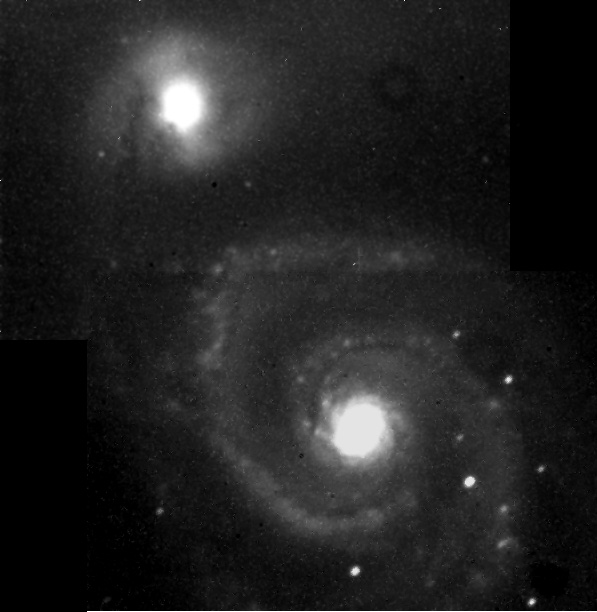 The Whirlpool Galaxy (M51) & Companion Date:4-29-08 Exposure: 7 min (bottom) 6 min (top) Magnitude: 9.0 Processing: bad pixel removal despeckle (3x) levels adjustments healing tool on border
